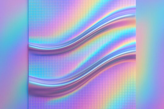 Glossy iridescent waves flowing across a pastel-colored grid pattern on a soft background, concept of futuristic fluid design