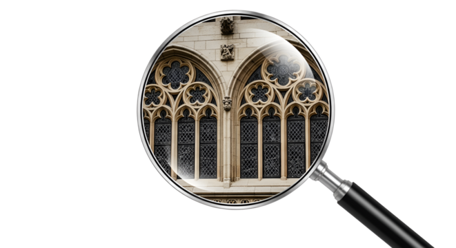 Magnifying glass focusing on detailed gothic windows isolated PNG with Transparent Background