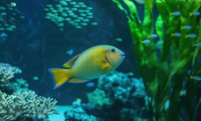 Fototapeta premium Vibrant fish in an aquarium, surrounded by coral and kelp