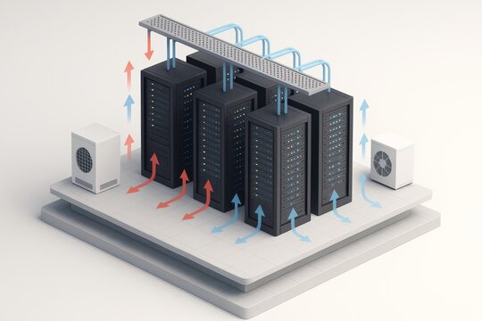 Server racks with airflow arrows show cooling system operation, isometric style, light background. Concept of data center thermal management - Powered by Adobe