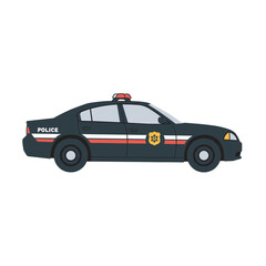 Fototapeta premium Black police car side view with red light and white stripes – stock vector flat illustration