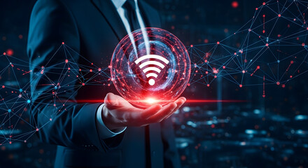 Businessman presents innovative wireless connection technology solution