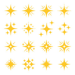 Golden Flat Star Vector Set on White Background with Decorative Twinkle Shapes, Shining Sparkle Icons, Party Celebration Elements, Festive Symbol Pack for Graphic Design Projects
