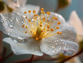 Delicate White Flower with Fresh Water Droplets in Macro Closeup Showing Yellow Stamens and Soft Petals