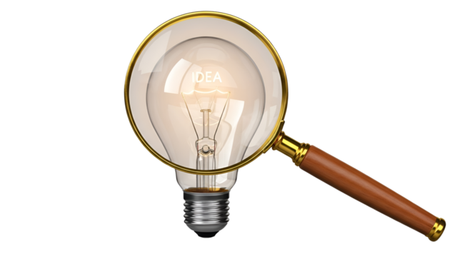 Light bulb under magnifying glass concept isolated PNG with Transparent Background