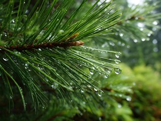 Vibrant Green Pine Needles with Sparkling Water Droplets After Rain
