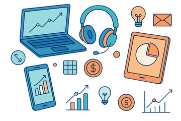 Collection of business and digital marketing icons in clean cartoon style on white background, concept of communication and technology. Ai generative