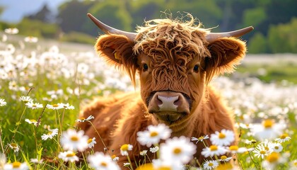 A Highland cow rests amid a field of wildflowers, basking in sunlight with a gentle gaze. The background blurs