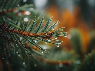 Fresh Green Pine Branch with Sparkling Water Droplets on Needles After Rain