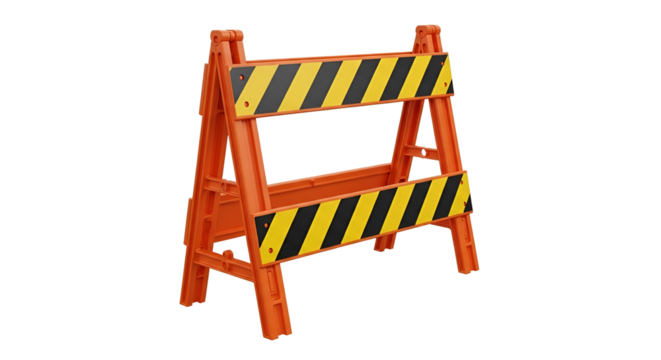 Orange plastic roadwork barrier with yellow and black stripes isolated PNG with Transparent Background