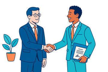 Fototapeta premium Two cartoon businessmen in suits shaking hands in agreement, holding document, isolated on white background, concept of partnership. Ai generative