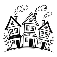 Fototapeta premium Whimsical Cartoon Houses with Smoking Chimneys, Perfect for Storybook Illustrations and Children's Art, Ideal for Creating a Cozy and Playful Scene