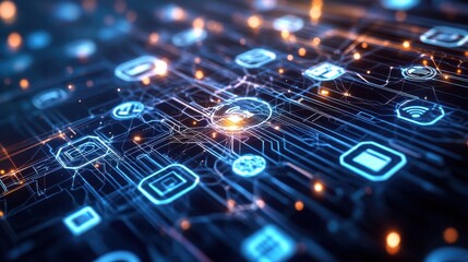 Network of Glowing Digital Icons in Abstract Night Space