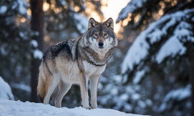 Fototapeta premium Gray wolf on snowy hillside, winter forest backdrop