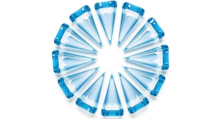 Circle of blue triangular ice cubes isolated on white background