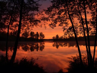 Vibrant Orange Sunset Sky Reflected in Calm Lake Water Framed by Silhouetted Trees Peaceful Natural Landscape