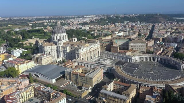 Aerial rising and spinning over St. Peter&rsquo;s Basilica, its majestic dome, and the vast Piazza San Pietro, symbolizing the heart of the Catholic Church and Rome&rsquo;s timeless beauty.
