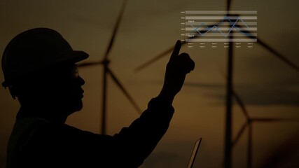 Silhouette engineer touching virtual data screen with wind turbines in background. Concept of clean energy, sustainability, and renewable power analysis. - Powered by Adobe