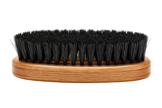 Oval wooden-handled brush with black bristles