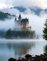 Misty castle on an island