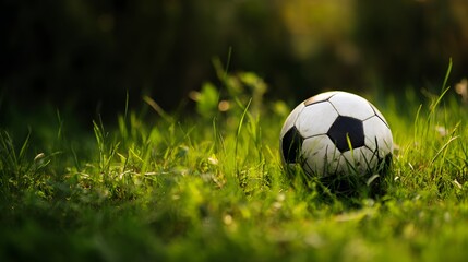 Soccer ball on green grass field with sunlight. Sport and recreation concept.