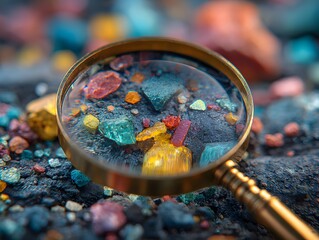 Golden Magnifying Glass Close Up Examining Vibrant Colorful Sparkling Precious Gems and Minerals in Rough Ground