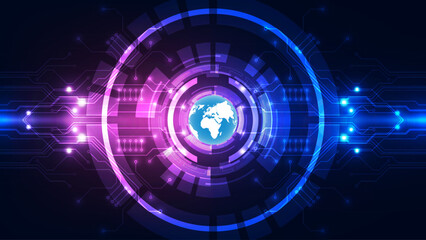 Futuristic Digital Globe with Neon Circuit Technology and Abstract Virtual Network Background in Blue and Purple