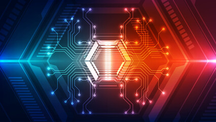 Futuristic Circuit Board with Glowing Hexagonal Processor and Neon Light Connections in Blue and Orange Technology Background