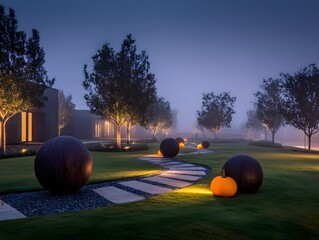 Elegant Foggy Garden Pathway with Illuminating Lights and Spherical Decor at Night