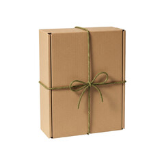 A sturdy, rectangular natural brown recycled cardboard parcel box, securely closed with olive-green hemp twine, isolated on a white background with copy space. Sustainable utility concept