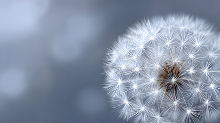 Fototapeta premium Close-up of a delicate dandelion seed head, showcasing intricate white filaments against a soft blurred background, capturing the essence of nature's beauty and fragility