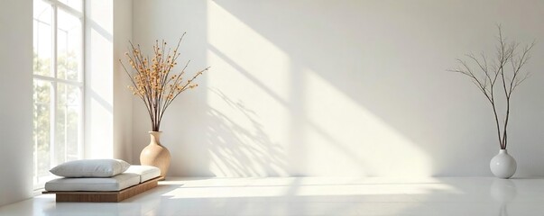 Serene whitewashed walls, soft natural light illuminating a minimalist interior space, exuding calm and tranquility Perfect for relaxation and wellness themed projects , airy, interior design
