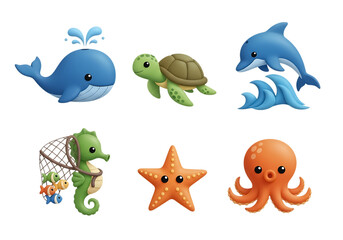 3d icon of cute cartoon sea creatures including a dolphin, turtle, whale, octopus, starfish, and seahorse isolated on transparent background