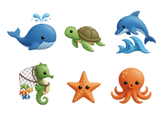 3d icon of cute cartoon sea creatures including a dolphin, turtle, whale, octopus, starfish, and seahorse isolated on transparent background
