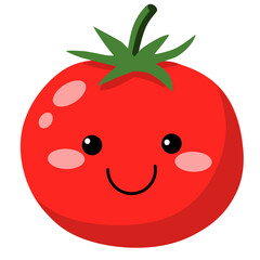 A cute cartoon illustration of a happy red tomato with a smiling face, green leaves, and pink cheeks.