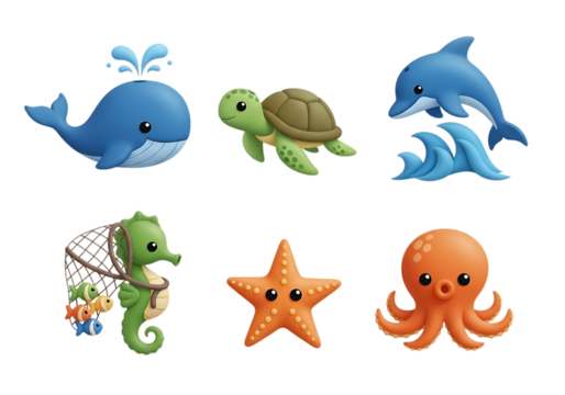 3d icon of cute cartoon sea creatures including a dolphin, turtle, whale, octopus, starfish, and seahorse isolated on transparent background