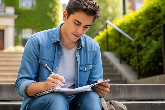 Focused student writing in a notebook on university steps, representing education, learning, and academic dedication.
