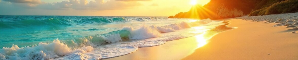 Golden hour sunlight streams across a vibrant, sandy beach, illuminating the turquoise ocean waves  Perfect for travel, vacation, and summer themes , peaceful, landscape