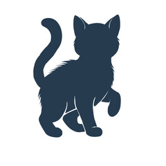 Silhouette of a cat standing with one paw raised, tail curled, on a white background.