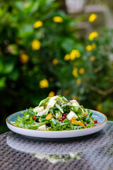 Plate of Fresh Vegetable Salad with Pomegranate Seeds and Cheese Cubes