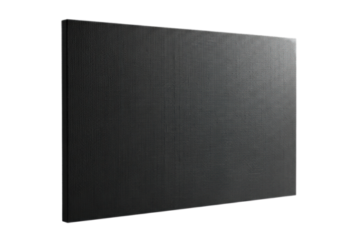 Deep charcoal grey panel with coarse, irregular canvas weave texture, detailed by soft raking light, isolated on white background with copy space, concept of artistic potential