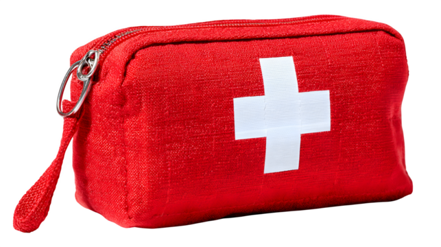 First-aid kit pouch, bright red with a clear white cross, isolated on Transparent background,