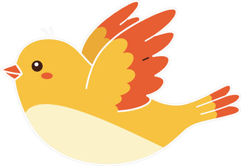 Cute yellow bird with orange wings flying happily, adorable cartoon bird illustration for children and kids' stories
