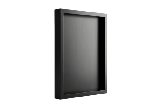 Ultra-minimalist matte black brushed aluminum picture frame with clean lines and sharp corners, isolated on a transparent background with vast copy space, high-key studio lighting, architectural