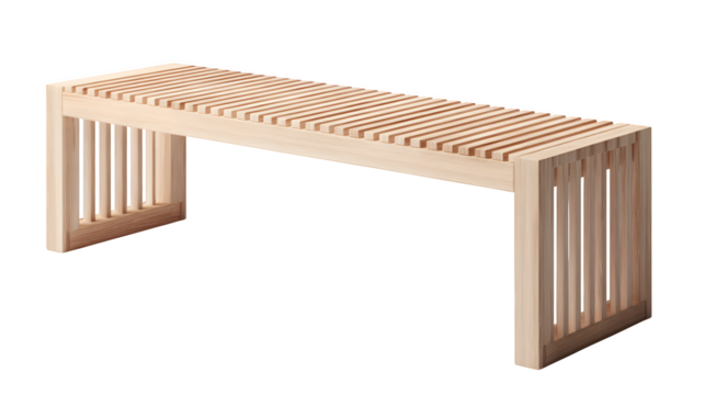 Minimalist garden bench, light colored wood, with clean, modern lines, isolated on Transparent background,