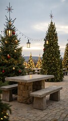 Decorated Evergreen Trees and Stone Picnic Table christmas trees