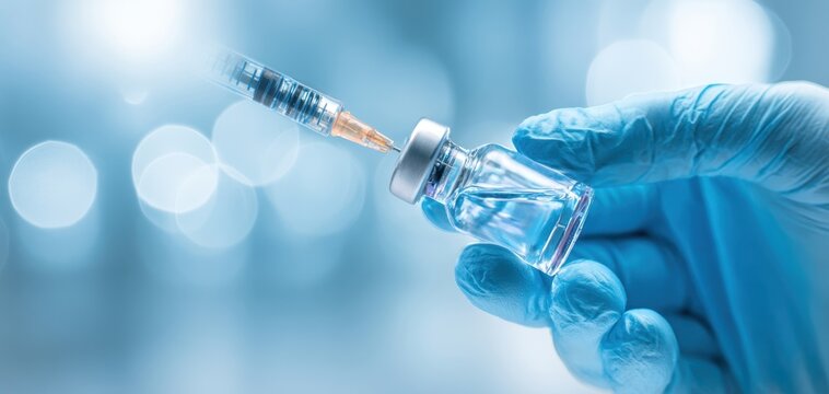 The vaccine vial and syringe in gloved hand preparing a sterile injection