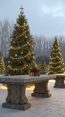 Decorated evergreen trees with festive lights christmas trees