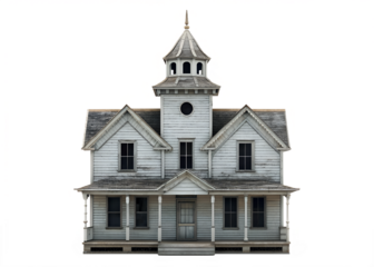 Creepy old victorian haunted house with peeling paint and a tall spire isolated on transparent background