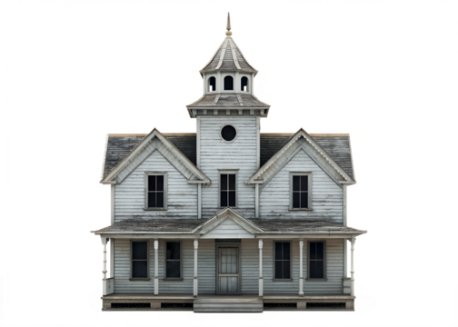 Creepy old victorian haunted house with peeling paint and a tall spire isolated on transparent background - Powered by Adobe